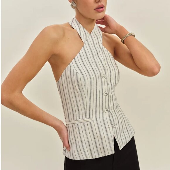 BEST Reformation Tate Linen Top Sz2 Elsie Stripe Black Cream Halter Casual - Picture 2 of 10